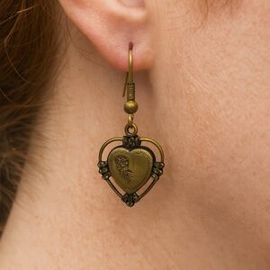 Vintage dangle earrings Heart etched with floral 1” wire pierced